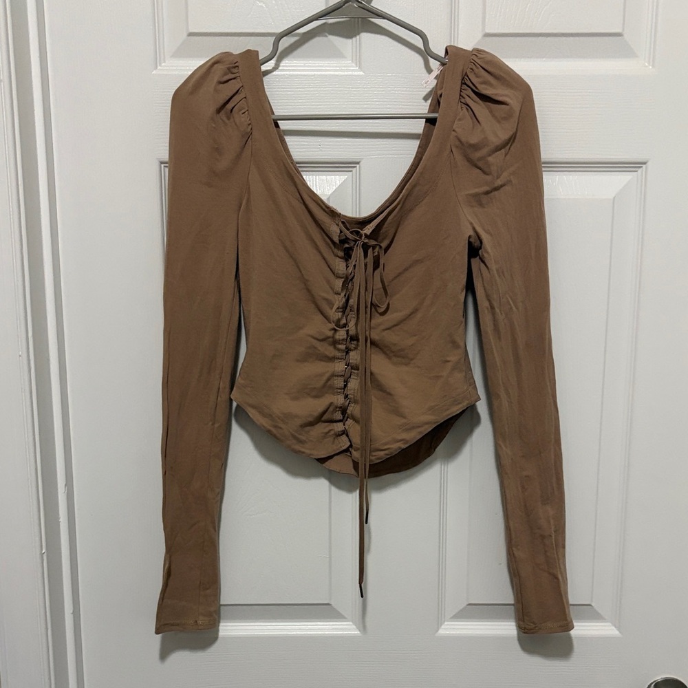 Free People Taupe Lace-Up Long Sleeve Top